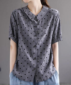 Goinluck 新作商品 レトロ風 レディース tシャツ 夏 ドット柄 シングルブレスト 折り襟 綿麻混 シャツ