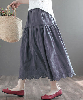 Goinluck 森ガール ファッション 無地 ハイウェスト 履きやすい 夏 秋 ロング 刺繍 透かし彫り 切り替え スカート