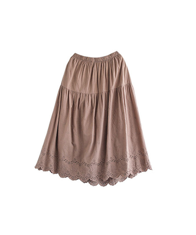 Goinluck 森ガール ファッション 無地 ハイウェスト 履きやすい 夏 秋 ロング 刺繍 透かし彫り 切り替え スカート