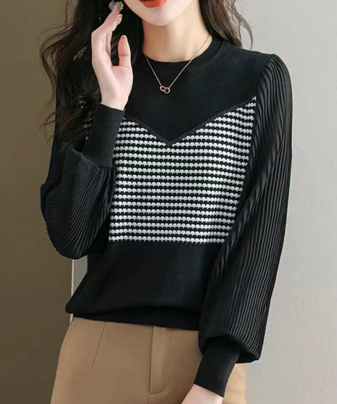 Goinluck  レディース ニット・セーター パッチワーク 韓国ファッション 着痩せ ボリューム袖 フェミニン 縞模様 シャツ シフォン