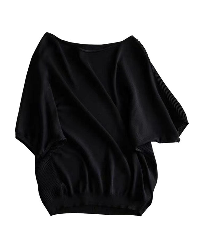 Goinluck レディース 黒 ニット 夏 カットソー 無地 ゆったり 半袖 伸縮あり 着やすい 丸襟 Tシャツ