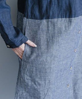 Goinluck 定番 カジュアル 配色 切り替え 折り襟 シングルブレスト ポケット付 体型カバー 長袖 シャツワンピース