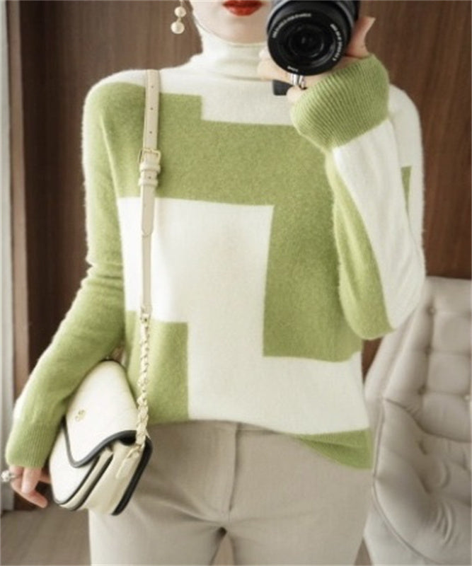 Goinluck ファッション 4色 配色 ハイネック ニット・セーター
