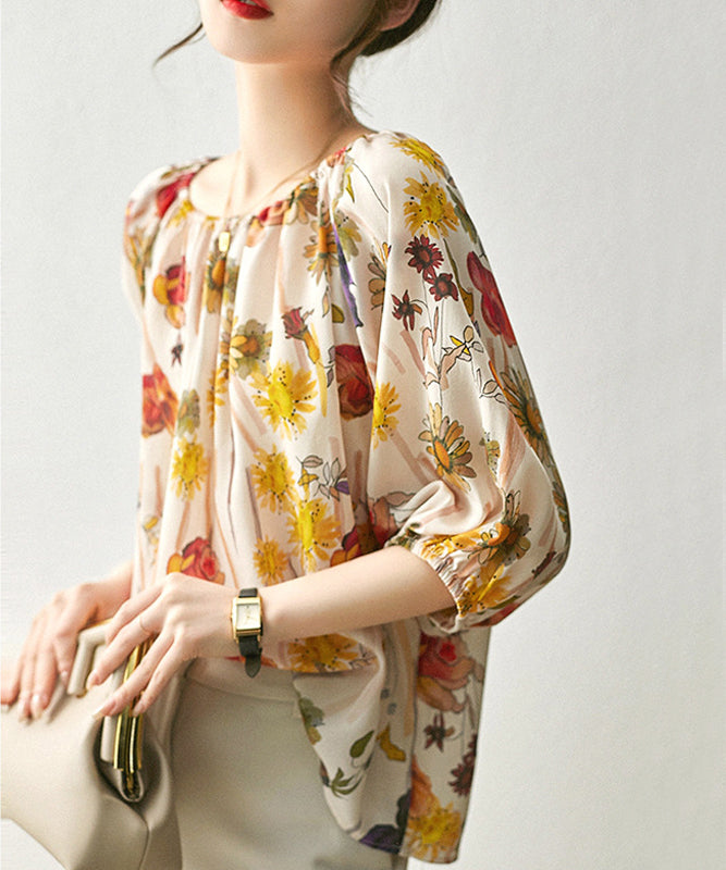 シャオ・ユアンデザイン明るい油絵の単語カラーダブルイミテーションシルクTシャツエミュレーションシルクシャツトップス女性