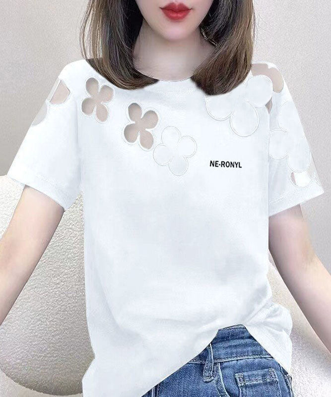 Goinluck デザイン性抜群 半袖 tシャツ 簡約 レディース 綺麗 花 透かし彫り 切り替え 丸襟 Tシャツ