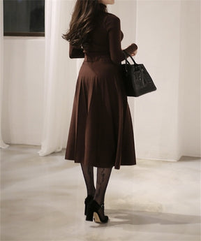 Goinluck 韓国ファッション 2色 無地 ウエスト絞り ベルト付き ロング ニットワンピース