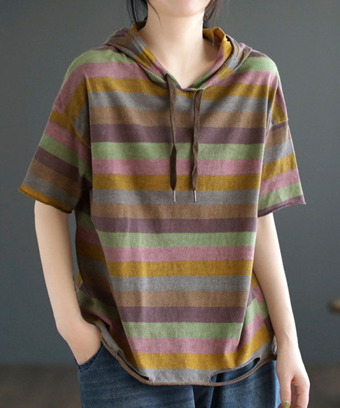 Goinluck レディース 大人カジュアル レトロ ボーダー 配色 フード付き ゆったり 半袖 ダメージ加工 Tシャツ