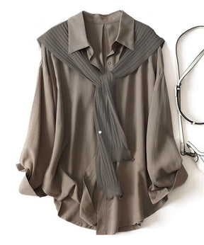 Goinluck レディース 3色 配色 ゆったり 春秋  切り替え 胸ポケット 長袖 シャツ オフィス ファッション ブラウス