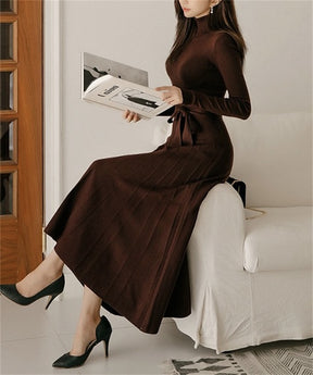 Goinluck 韓国ファッション 2色 無地 ウエスト絞り ベルト付き ロング ニットワンピース