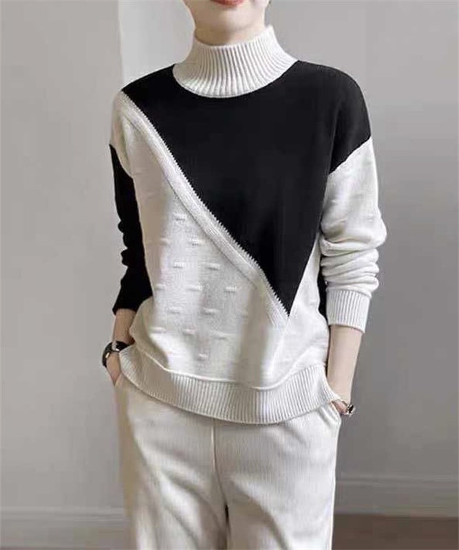 Goinluck ファッション 2色 配色 パッチワーク ハイネック ニット・セーター