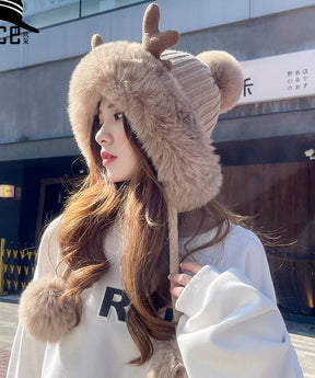 Goinluck レディース 韓国風 可愛い 小顔効果 ポンポン 鹿角 暖かい 防寒 ファッション 帽子