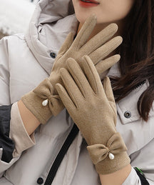 Goinluck レディース レトロ エレガント シンプル 暖かい 無地 リボン パール ファッション 可愛い 着回し 手袋