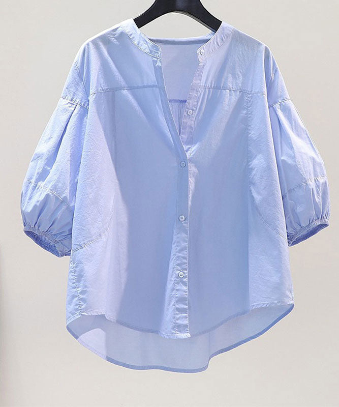 夏オールマッチトップライトブルースタンドカラーランタンスリーブシャツ女性の韓国スタイルの小さな新鮮なルーズカジュアルシャツ