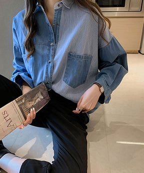 Goinluck レディース 韓国風 長袖 細ボーダー ゆったり 薄手 ファッション シャツ