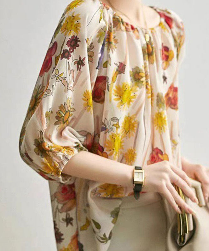 シャオ・ユアンデザイン明るい油絵の単語カラーダブルイミテーションシルクTシャツエミュレーションシルクシャツトップス女性