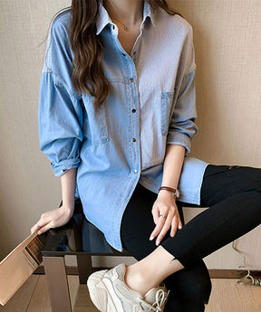 Goinluck レディース 韓国風 長袖 細ボーダー ゆったり 薄手 ファッション シャツ