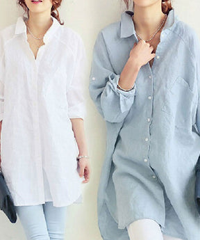 韓国風ゆったりロングコットンリネン風合いシャツ