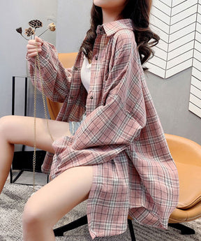 中長格子縞のシャツ女性ヴィンテージ香港スタイルのトップス新しい春と秋の洋風ネットレッドシャツコート