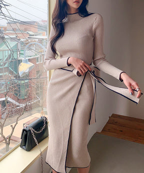 Goinluck レディース リボン付き 韓国風 ファッション 着痩せ ニットワンピース