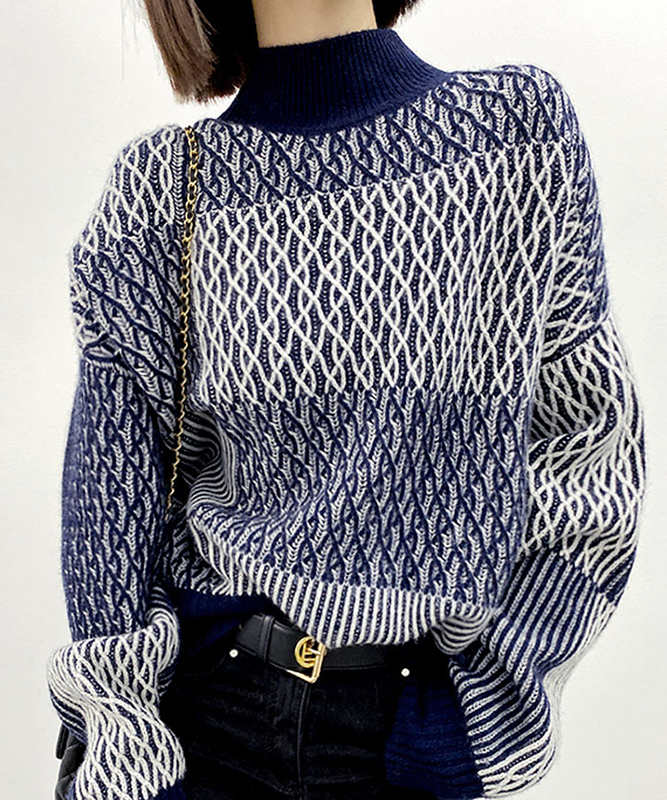 Goinluck レディース 韓国風 ハーフハイネック チェック柄 エレガント ファッション ゆったり 着痩せ ニット・セーター