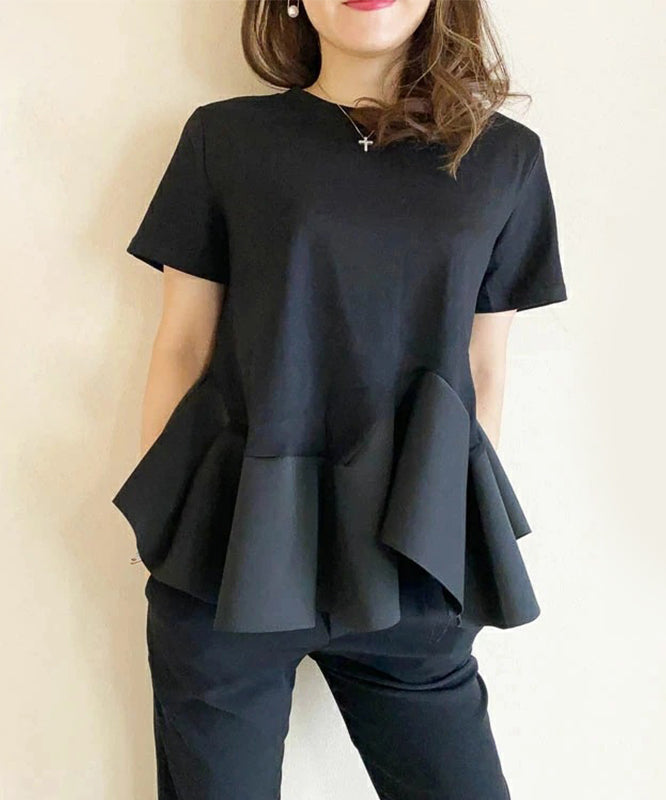女性大人気 フリル飾り カジュアル 切り替え ギャザー 黒 Tシャツ