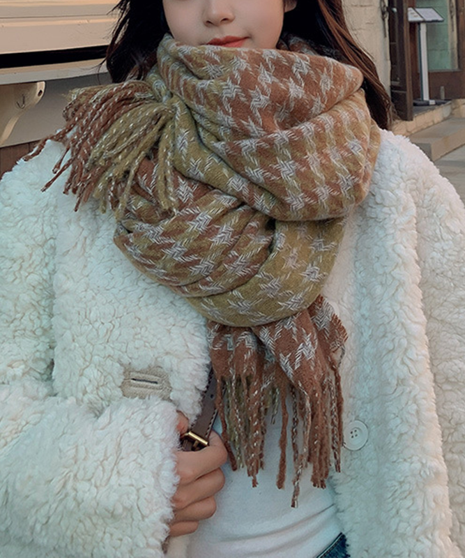 Goinluck レディース やわらかい 韓国風 シック シンプル 配色 チェック柄 フリンジ ロング 厚手 ファッション マフラー