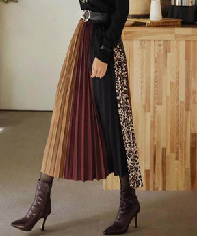Goinluck レディース 韓国風 レトロ ファッション 配色 プリーツ ユニーク デザイン ミモレ丈 スカート